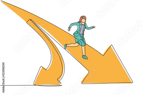 Single one line drawing young smart business woman running on crossroads an choose straight way. Business sales growth minimal concept. Modern continuous line draw design graphic vector illustration
