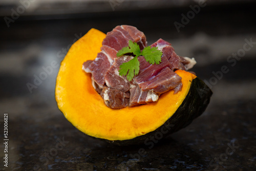 Traditional Pumpkin with jerked beef in selective focus. Typical Brazilian dried meat dish. Known as 