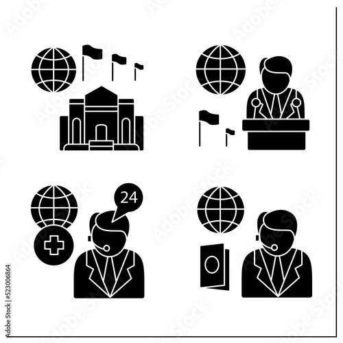 Embassy service glyph icons set. Ambassador, medical and passport assistance, high commission. Diplomation mission concept.Filled flat signs. Isolated silhouette vector illustrations