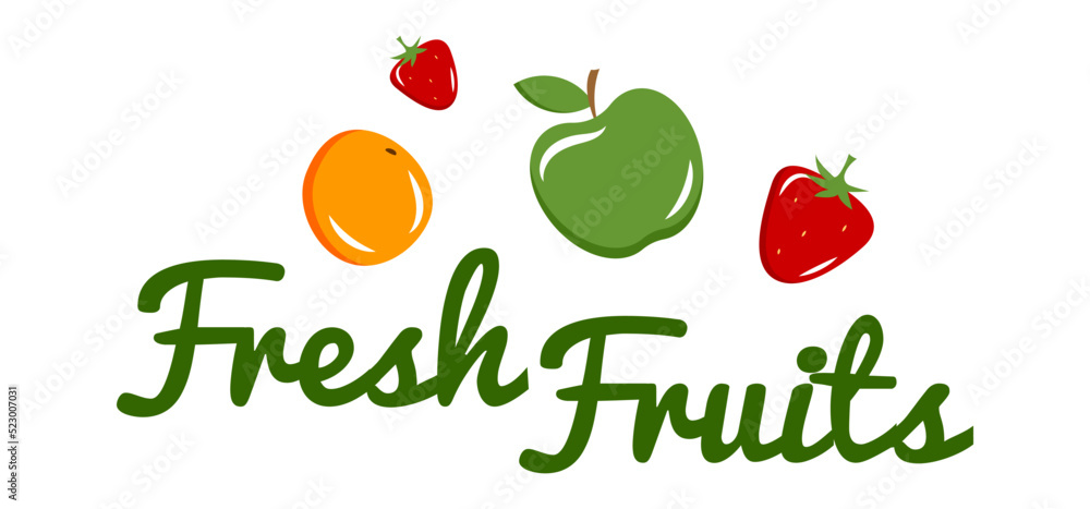 fresh fruits logo. Imitation of stamp, print with scuffs. Simple black shape and color vector illustration. Hand drawn isolated elements on white background