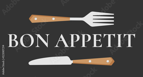 Bon appetit writing with fork and knife. Cutlery fork and spoon with plants. vector sketch. hand drawing isolated	
