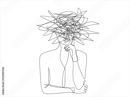 Continuous one line drawing of a woman with confused feelings worried about bad mental health. Problems, stress, sad and depression concept in doodle style. Liner Vector illustration