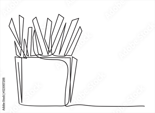 one continuous drawn line of french fries drawn from the hand picture silhouette. Line art. fast food food potato cooked in flint