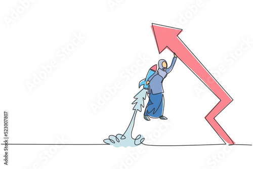 Single one line drawing young Arabian businesswoman flying high using jetpack to rise sales arrow graph. Business growth minimal concept. Modern continuous line draw design graphic vector illustration