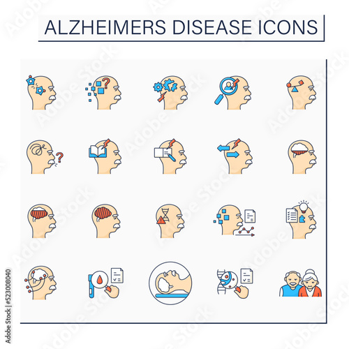 Alzheimer disease color icons set.Memory loss, language problems, impulsive behaviour.Neurologic disorder concept.Isolated vector illustrations