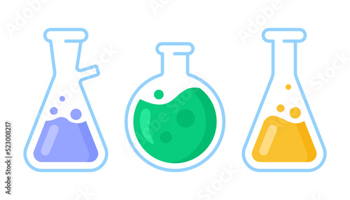 A set of simple icons of laboratory flasks. Different flasks with liquid
