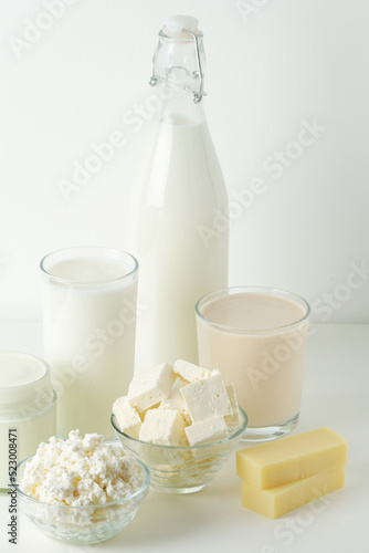 Different milk products: milk, cheese and yogurt