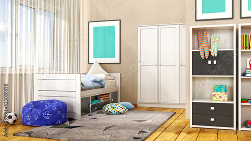 Photography Boy's children room with black and white bed and furniture, bright blue beanbag