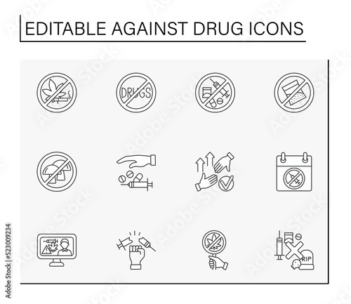  Against drug line icons set. Injections, smoking weed and cigarettes. Unhealthy addictions. Bad habits concepts. Isolated vector illustrations. Editable stroke