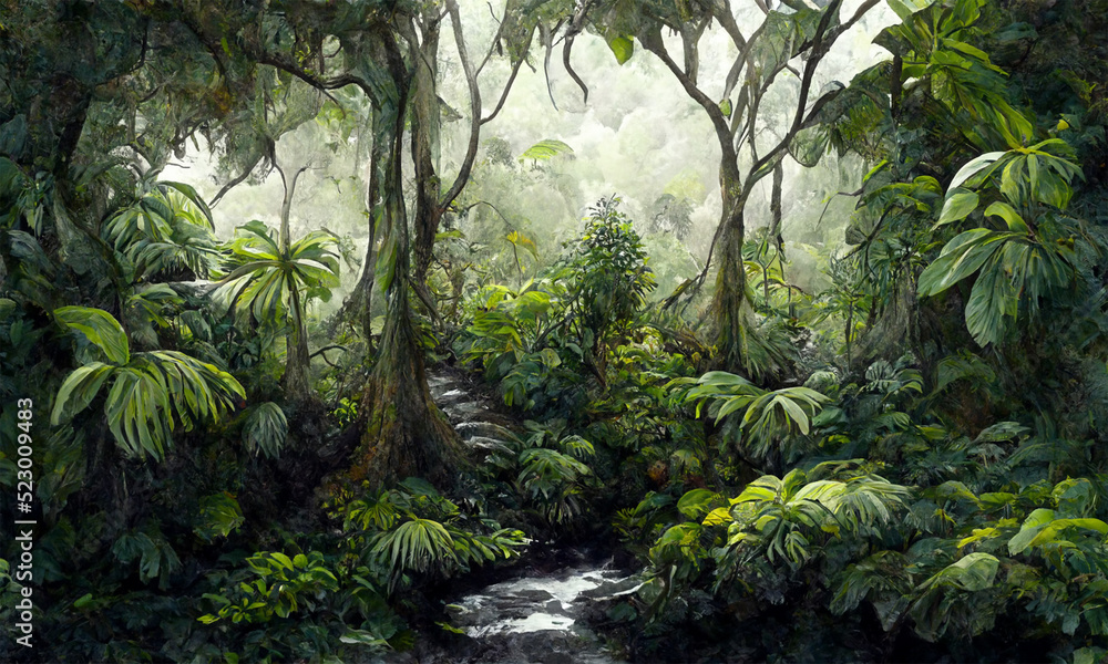 Fototapeta premium rainforest, jungle, lush vegetation, digital art, background