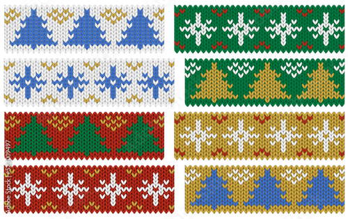Set of seamless Christmas border for print and cardmaking. Red and gold pattern ornament for banner background. Scandinavian needlework design
