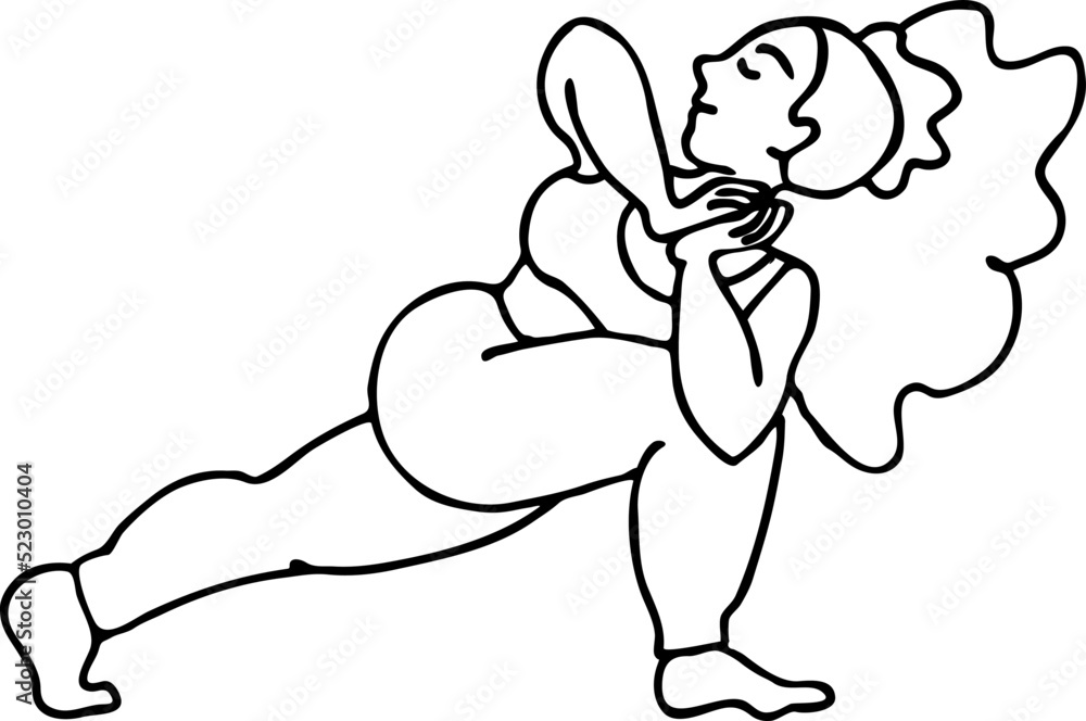 Curvy plus size woman has yoga class and make relaxation pose to be strong and trains her body. Hand drawn monochrome vector illustration. Comics cartoon line drawing. Curvy plus size woman has yoga class and make relaxation pose to be strong and trains her body. Hand drawn monochrome vector illustration. Comics cartoon line drawing.
