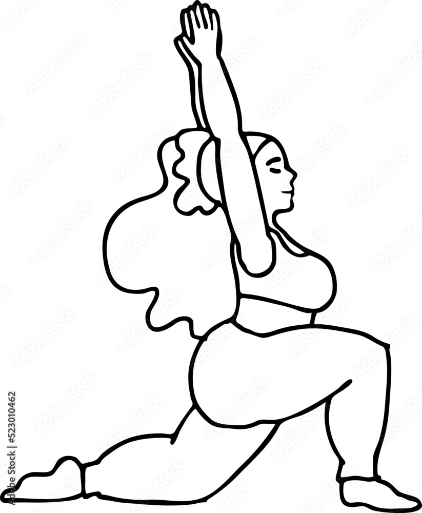 Curvy plus size woman has yoga class and make relaxation pose to be strong and trains her body. Hand drawn monochrome vector illustration. Comics cartoon line drawing. Curvy plus size woman has yoga class and make relaxation pose to be strong and trains her body. Hand drawn monochrome vector illustration. Comics cartoon line drawing.