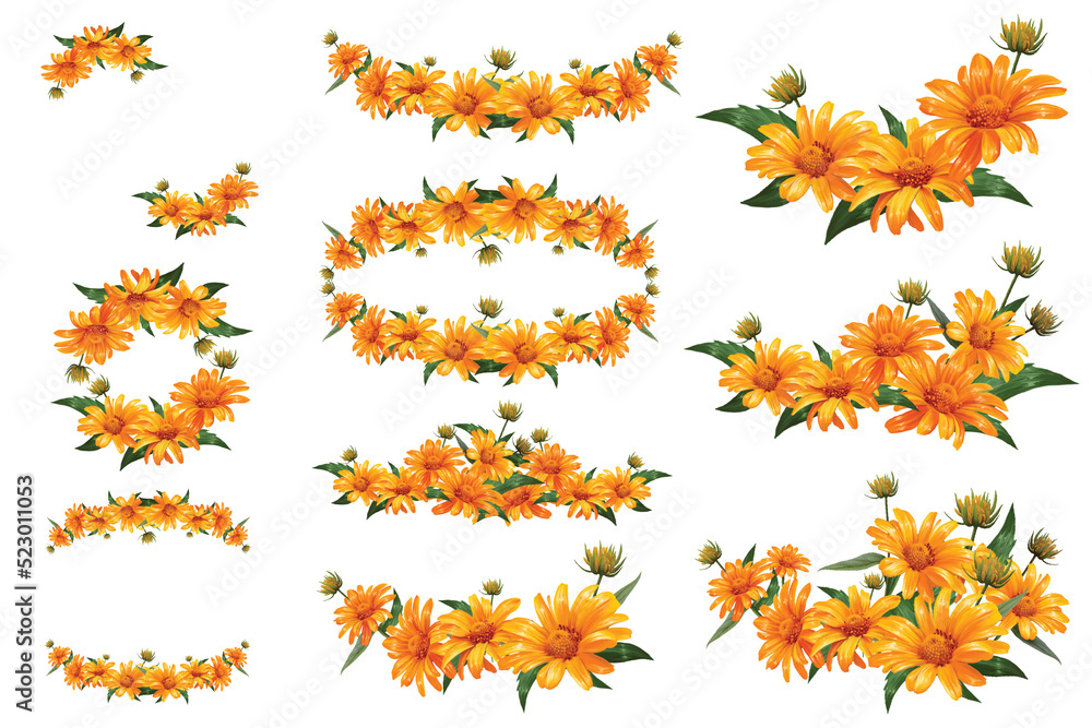 set of frames and wreaths of flowers of yellow Heliopsis, sunflower against the background of the watercolor sky illustration