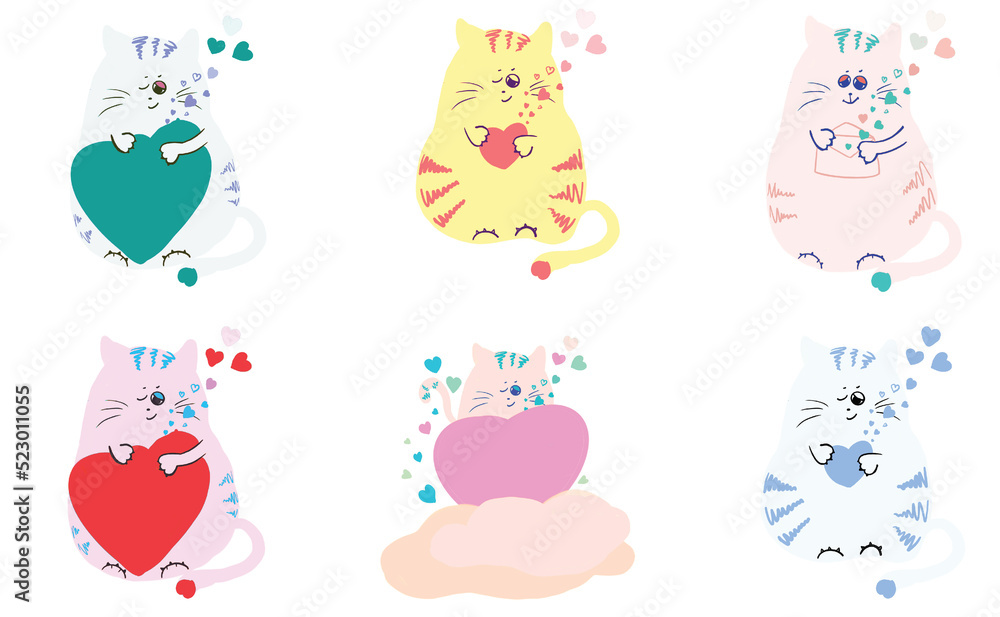 set of cats in love with hearts in clouds illustration