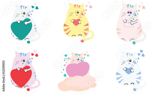 set of cats in love with hearts in clouds illustration