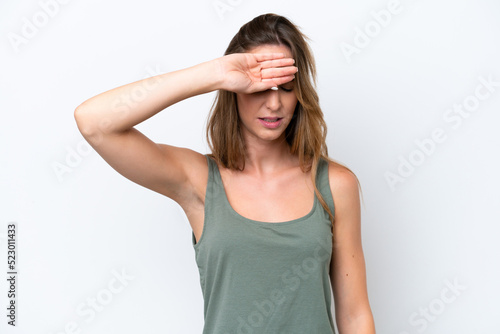 Young caucasian woman isolated on white background with tired and sick expression