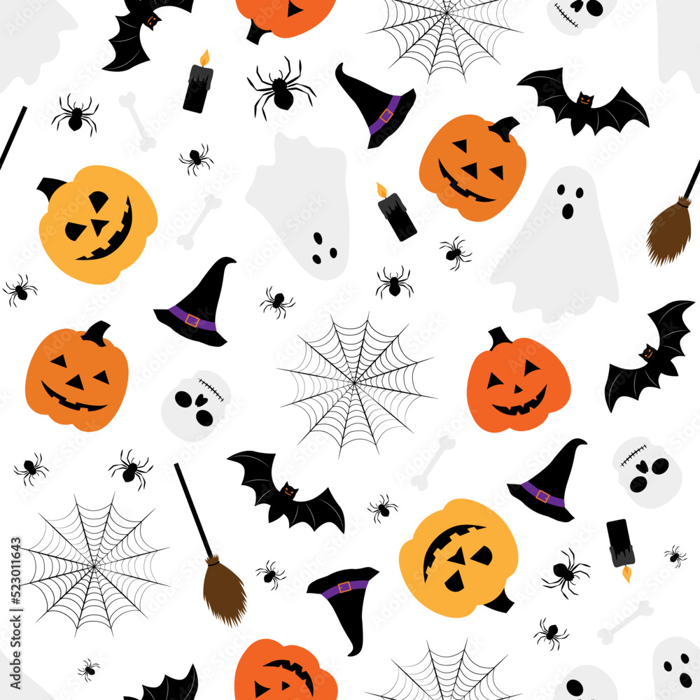 Seamless pattern Halloween Ghost pumpkin bat spider vector illustration