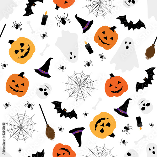 Seamless pattern Halloween Ghost pumpkin bat spider vector illustration