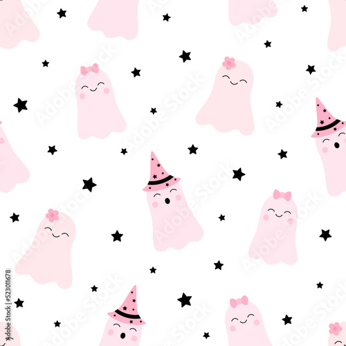 Seamless pattern cute pink ghosts Halloween vector illustration	

