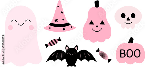 Set cute pink ghosts pumpkin bat Halloween vector illustration