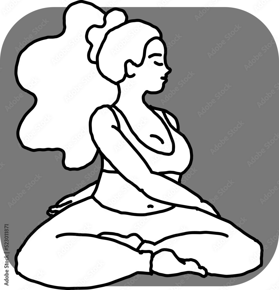 Curvy plus size woman has yoga class and make relaxation pose to be strong and trains her body. Hand drawn monochrome vector illustration. Comics cartoon line drawing. Curvy plus size woman has yoga class and make relaxation pose to be strong and trains her body. Hand drawn monochrome vector illustration. Comics cartoon line drawing.