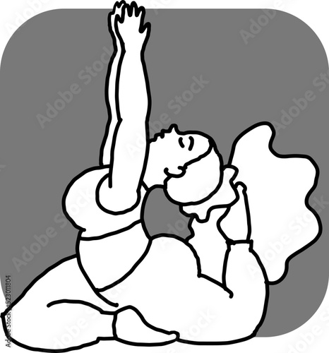 Curvy plus size woman has yoga class and make relaxation pose to be strong and trains her body. Hand drawn monochrome vector illustration. Comics cartoon line drawing.