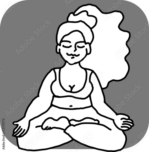 Curvy plus size woman has yoga class and make relaxation pose to be strong and trains her body. Hand drawn monochrome vector illustration.  Comics cartoon line drawing.