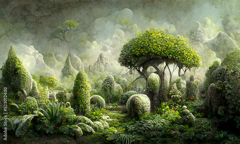 Naklejka premium fantasy landscape with lot strange plants and vegetation, digital art background