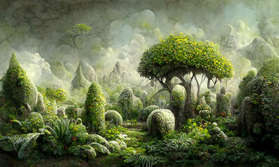 Leinwandbilder Khaki fantasy landscape with lot strange plants and vegetation, digital art background  © Coka