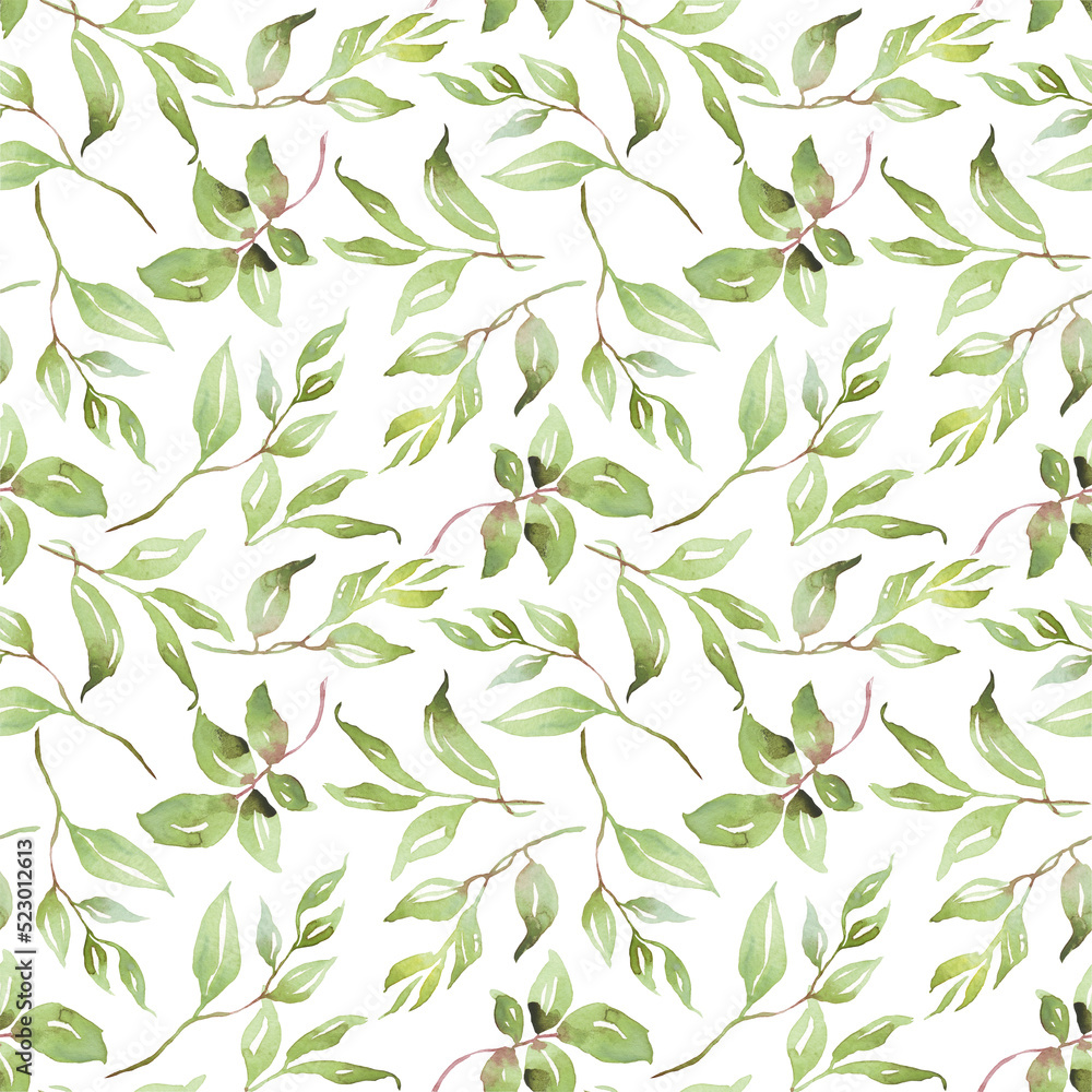 Fototapeta premium Green leaves seamless patterns. Watercolor illustration