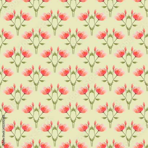 Seamless geometric pattern with red watercolor flowers.