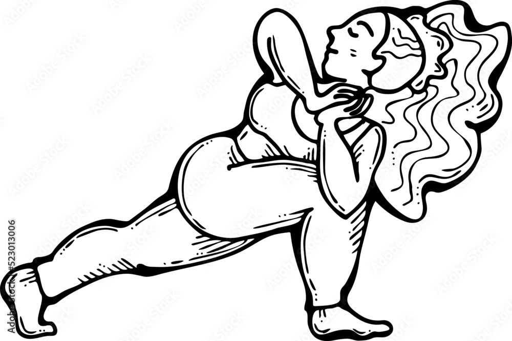 Curvy plus size woman has yoga class and make relaxation pose to be strong and trains her body. Hand drawn monochrome vector illustration. Comics cartoon line drawing. Curvy plus size woman has yoga class and make relaxation pose to be strong and trains her body. Hand drawn monochrome vector illustration. Comics cartoon line drawing.
