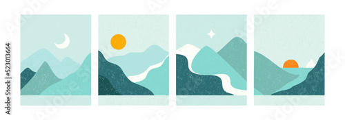 abstract Winter mountain Vector illustration. Abstract flat minimalist design landscape set. Winter cold snowy season. Vintage nature graphic wallpaper art. 