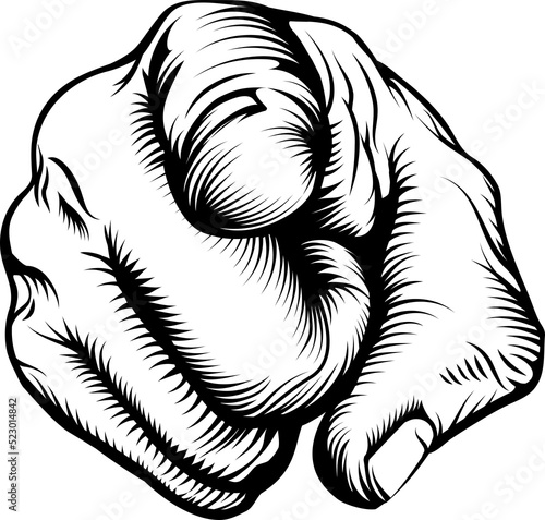 Retro black woodcut print style hand pointing finger at viewer, from front 