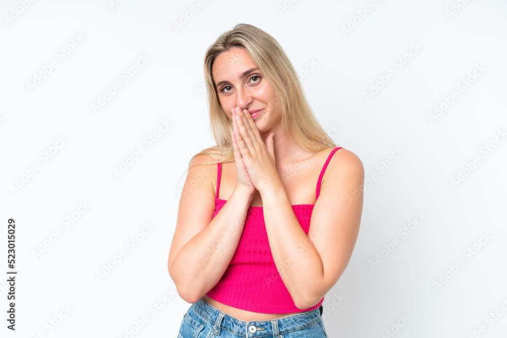 Young caucasian woman isolated on white background keeps palm together. Person asks for something Young caucasian woman isolated on white background keeps palm together. Person asks for something