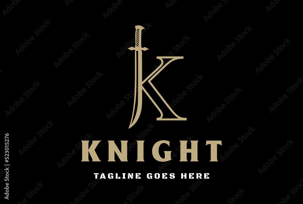 Initial Letter K with Sword Blade for Knight Warrior Logo Design Vector Initial Letter K with Sword Blade for Knight Warrior Logo Design Vector