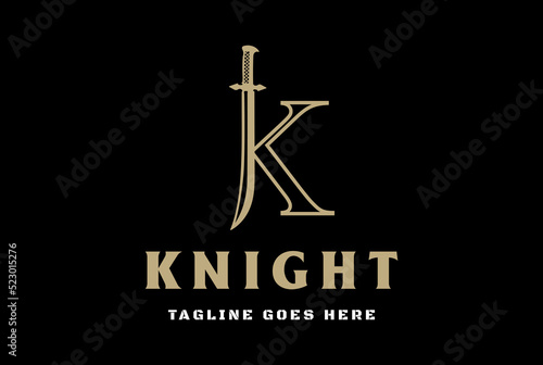 Initial Letter K with Sword Blade for Knight Warrior Logo Design Vector