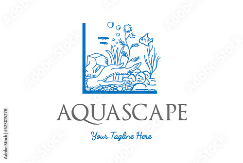 Fish Tank with Rock Coral Wood and Algae for Aquarium Aquascape Logo Design