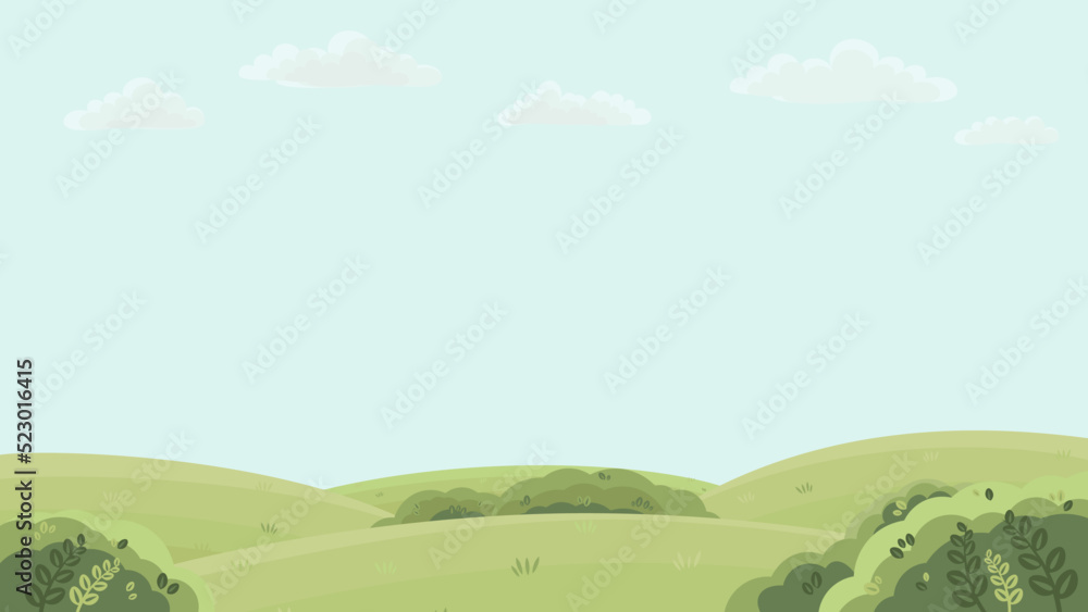 Horizontal Spring or Summer landscape background. Field or meadow with green grass, hills and light blie sky with white clouds. Rounded Horizon line with blue sky and clouds. Farm and countryside scen