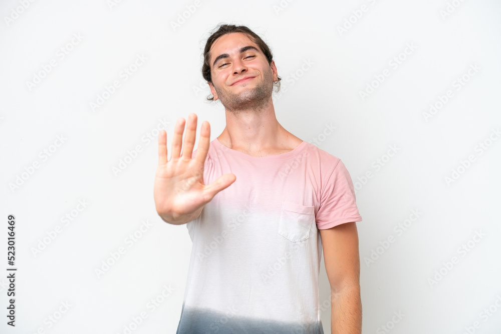 Caucasian handsome man isolated on white background counting five with fingers Caucasian handsome man isolated on white background counting five with fingers
