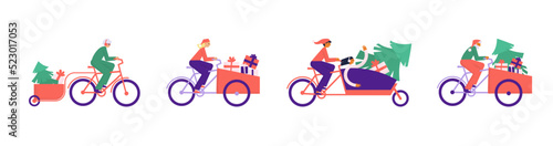People driving cargo bikes on Christmas set. Men and women on bikes carry different holiday cargo, gifts, Christmas tree. Holiday mood and preparation. Flat vector illustration