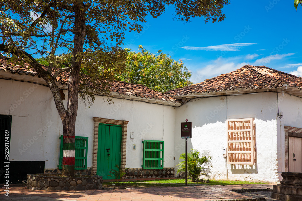 Antique houses around the Jesus Nazareno square at the beautiful colonial town of Santa Fe de Antioquia in Colombia