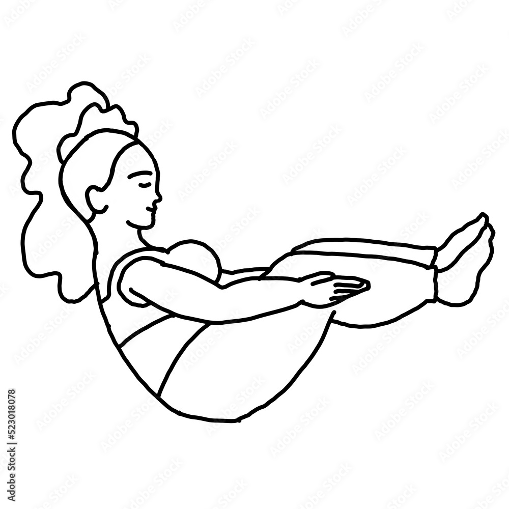 Curvy plus size woman has yoga class and make relaxation pose to be strong and trains her body. Hand drawn simple black and white illustration. Comics cartoon line drawing. Curvy plus size woman has yoga class and make relaxation pose to be strong and trains her body. Hand drawn simple black and white illustration. Comics cartoon line drawing.