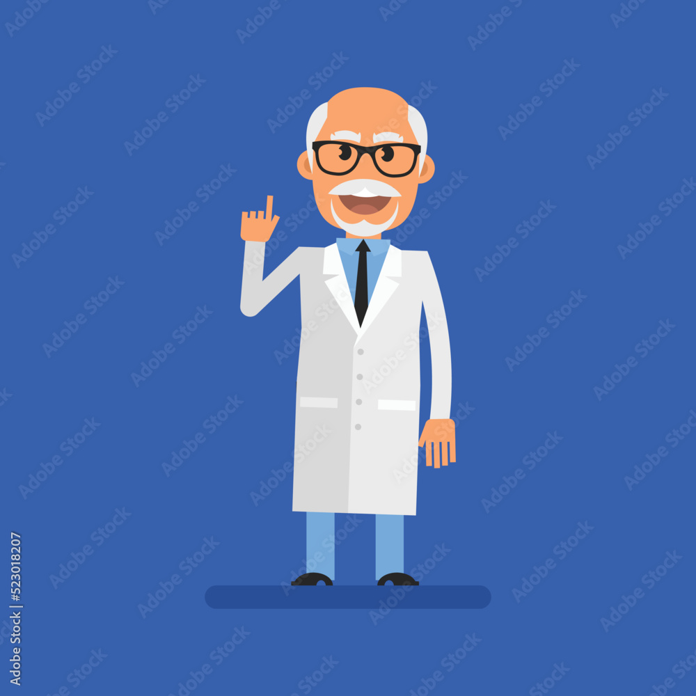Old doctor pointing finger up and smiles Old doctor pointing finger up and smiles