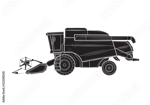 Black silhouette of a harvester at harvest in isolate on a white background.Side view.Wheat harvesting process.