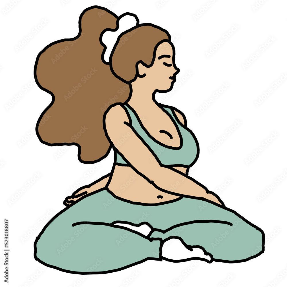 Curvy plus size woman has yoga class and make relaxation pose to be strong and trains her body. Hand drawn colorful retro vintage illustration. Comics cartoon old school style drawing. Curvy plus size woman has yoga class and make relaxation pose to be strong and trains her body. Hand drawn colorful retro vintage illustration. Comics cartoon old school style drawing.