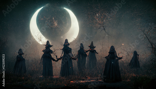 Fotografia A gloomy dramatic background, witches in black cloaks perform a ritual in a dark gloomy forest
