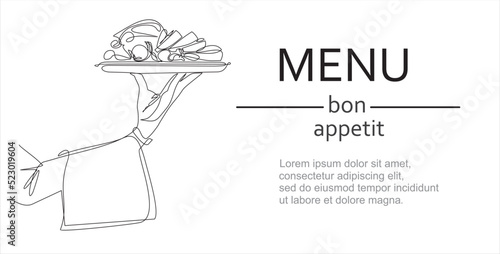 Menu. Bon appetit. meat with vegetables dish. Vegetable salad.One continuous line drawing.The waiter carries food on a tray. Food in a restaurant. A hand holds a tray. Line Art