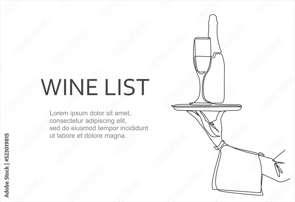 Wine list. Continuous line one drawing of hand holding dish with bottle and a glass drawn from the hand a picture of the silhouette. Line art. a bottle of champagne with a wine glass